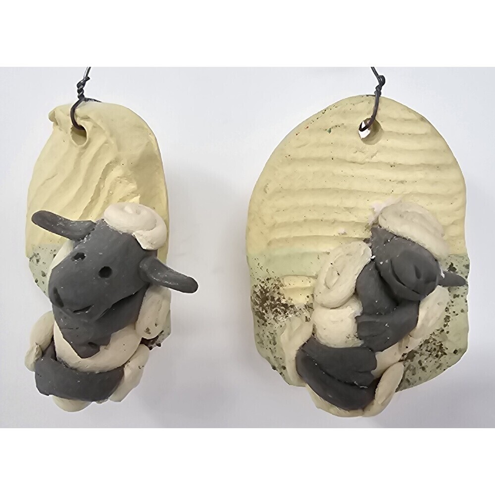 Vintage Handmade Pottery Art Sheep Wall Ornament By Claire Barr Wilson Pair
